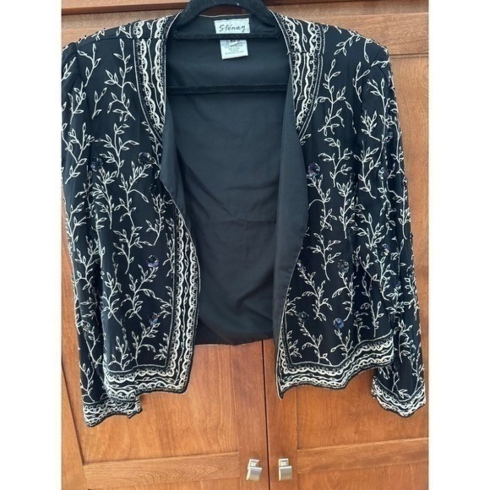 RARE VTG STÉNAY Silk Beaded & Sequined Midnight Garden Evening Jacket XL black